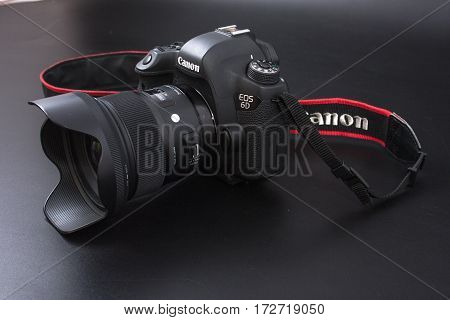 Gomel, Belarus - 22 February 2017: Canon Camera - 6D With Sigma Lenses - 24 On The Black Background.