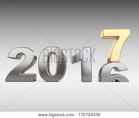 New Year 2016 - 2017 golden and silver number seven top. 3d illustration on a dark background.