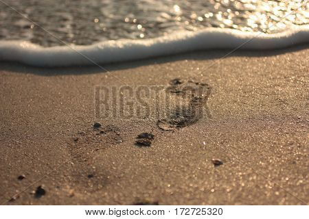 Soft Wave Of Blue Ocean On Sandy Beach. Background. Selective focus.