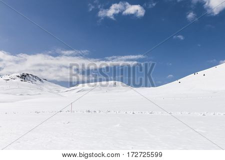 Landscape of mountains totally covered with snow