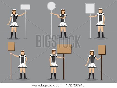 Set of six vector illustrations of girl in black and white french maid costume holding signboard with copy space on post isolated on grey background.