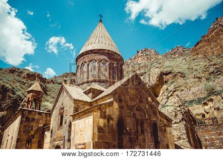 Geghardavank or Geghard monastic complex is Orthodox Christian monastery, Armenia. Armenian architecture. Pilgrimage place. Religion background. Travel concept. Cave monastery. Horizontal