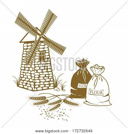 Vector illustration of ears of wheat sacks of flour and windmill on the white background