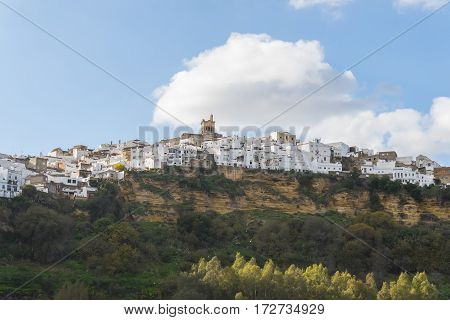 Panoramic of Arcos de la Frontera white town built on a rock along Guadalete river in the province of Cadiz Spain