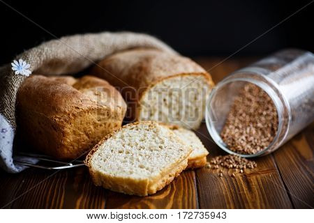 fresh homemade buckwheat bread on a wooden table
