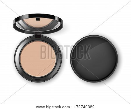 Vector Face Cosmetic Makeup Powder in Black Round Plastic Case with Mirror Top View Isolated on White Background