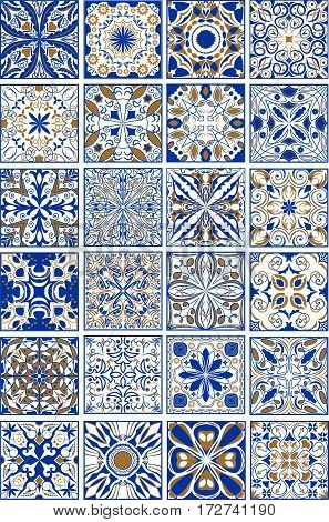 Mega set of traditional spanish or portuguese ceramic and pottery ornamental tiles in indigo and golden design.