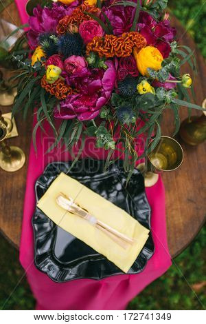 Close Up Of White Vintage Candelabrum On The Wedding Decorated Table In The Forest. Bouquet Of Pink