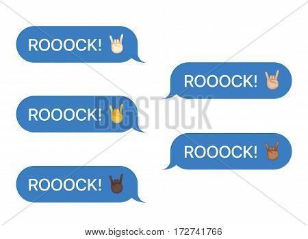 Set of SMS bubbles messages with dialog words and emoji. Vector illustration. Rock word and greeting gesture