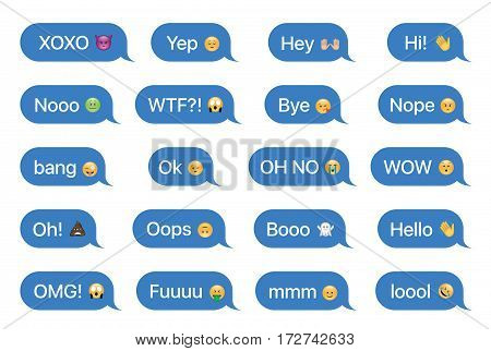 Set of SMS bubbles messages with dialog words and emoji. Vector illustration.