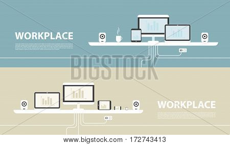 Vector illustration in flat design. Office interior in monotone minimalistic style. Web banner and presentations template.