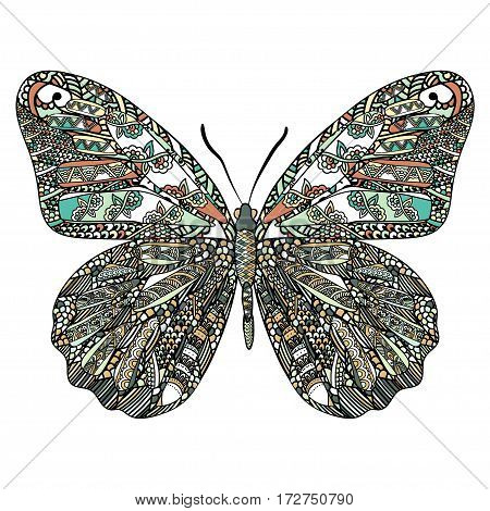 Butterfly with ethnic doodle pattern. Zentangle inspired pattern for anti stress coloring book pages for adults and kids
