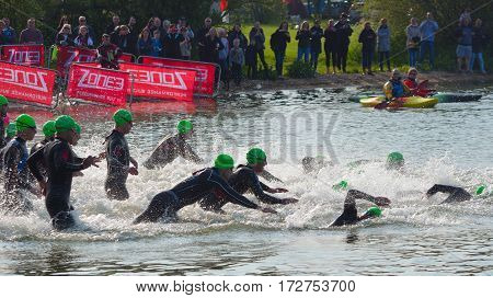 GRAFHAM, CAMBRIDGESHIRE, ENGLAND - MAY 22, 2016:  Triathlon swimmers entering open water swim stage.