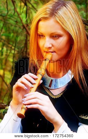 woman portrait in a historical costume playing her flute in forest and light graphic effect
