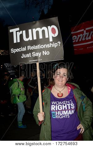 London United Kingdon - Febuary 20th 2017: Protesters gather in Parliment Square to protest the invitation to United States President Donald Trump on a state visit to Great Britain as Parliment debate the visit