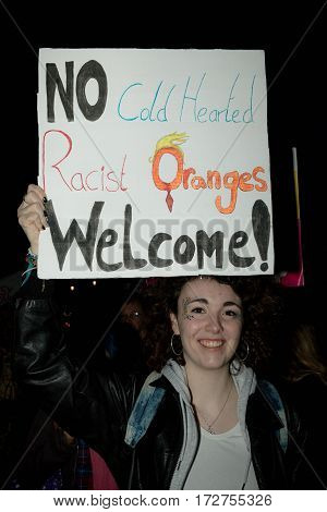 London United Kingdon - Febuary 20th 2017: Protesters gather in Parliment Square to protest the invitation to United States President Donald Trump on a state visit to Great Britain as Parliment debate the visit