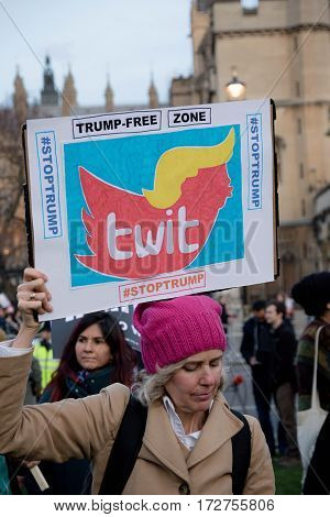 London United Kingdon - Febuary 20th 2017: Protesters gather in Parliment Square to protest the invitation to United States President Donald Trump on a state visit to Great Britain as Parliment debate the visit