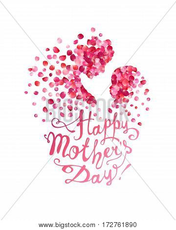 Happy Mother's Day! Silhouette of a mother and her child of pink rose petals