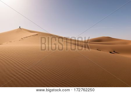 Panormaic view over the dunes of Erg Chebbi Desert near Merzouga, Morocco.