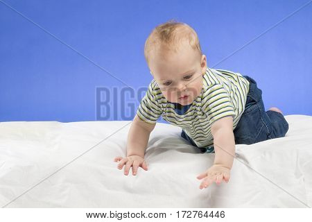 Curious eight-month-old child in blue jeans on the white blanket, studio shot, isolated on blue background.