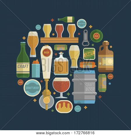 Craft beer items creative set in circle. Differens beer elements include bottles, glasses, keg, can and bottle opener for bar, pub, home brewery, alcohol store. vector illustration art in flat style.