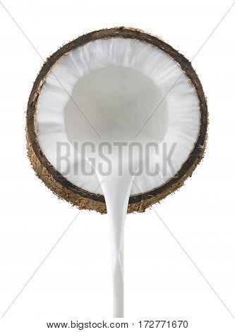 Coconut milk pouring front view isolated on white background as package design element
