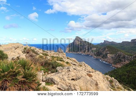 Lookout Point Mirador Es Colomer At Cap De Formentor Cliff Coast And Mediterranean Sea, Majorca, Spa