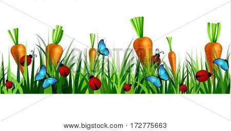 Green Grass seamless isolated clip art vector on white with blue butterflyes and ladybugs carrots