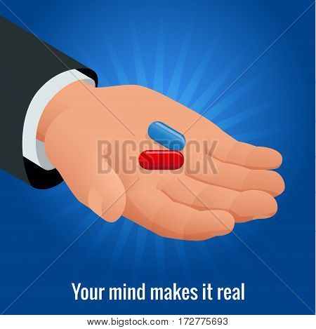 Isometric mans hand with red and blue pills. Vector illustration