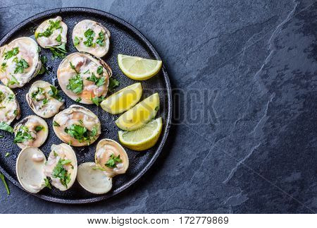 Fresh raw clams with lemon, herbs and white wine on blackiron plate on stone slate background. Top view. Free space for text