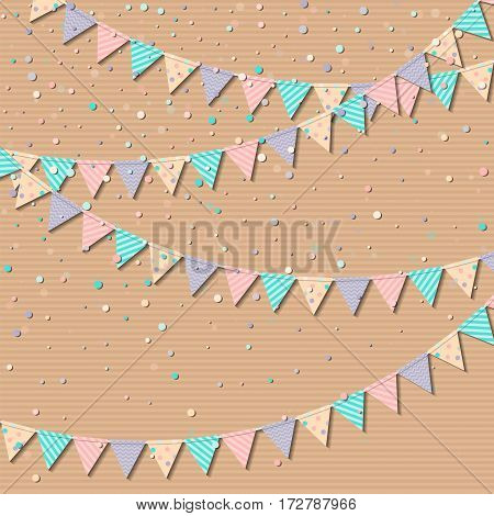 Flag Garland. Resplendent Celebration Card With Colorful Paper Flag Garland And Confetti. Party Back