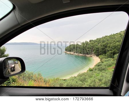 view from the car window of the beach in Croatia