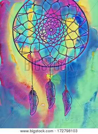 Dreamcatcher ink abstract illustration. Digital illustration of a tribal dreamcatcher. Braided net in circle. Indian dreamcatcher with feather pendants. Neon paint washes and ink drawing picture