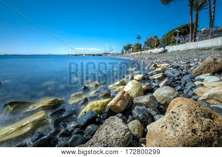 Rocks And Blue Waters At A Beach In Limassol Cyprus
