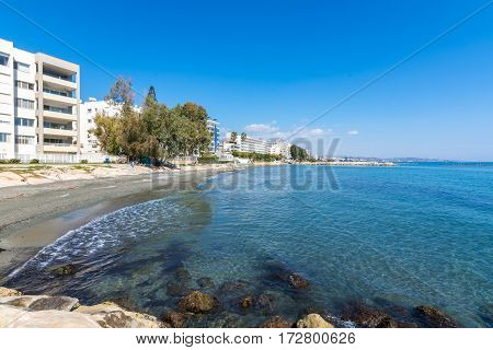 Scenic Blue Beach With Clear Sea Waters At Germasogia, Limassol Cyprus