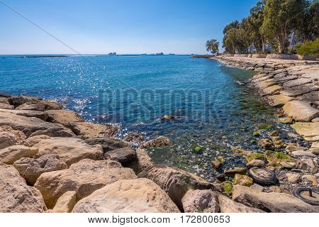 Scenic Blue Beach With Clear Sea Waters At Germasogia, Limassol Cyprus