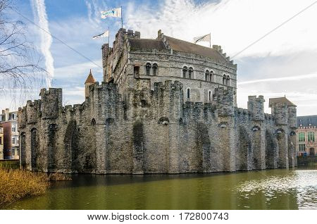 The medieval Gravensteen Castle in Ghent Flanders Belgium