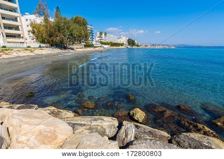 Scenic Blue Beach With Clear Sea Waters At Germasogia, Limassol Cyprus