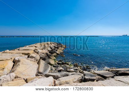 Scenic Blue Beach With Clear Sea Waters At Germasogia, Limassol Cyprus