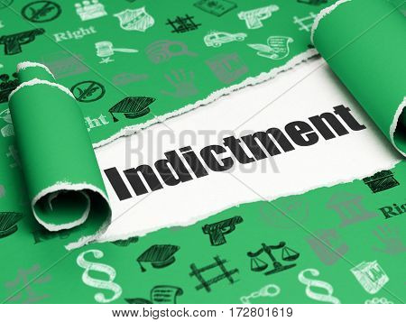 Law concept: black text Indictment under the curled piece of Green torn paper with  Hand Drawn Law Icons, 3D rendering
