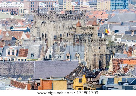 Aerial View Of Gravensteen Castle In Ghent, Belgium