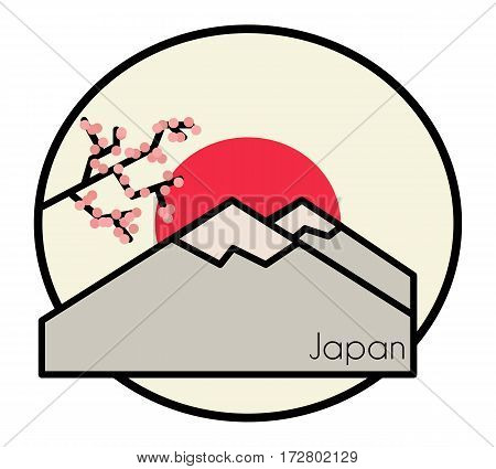Japan logo. Chinese landscape with tree at sunset in mountains. Colourful Japan banner. Land of the rising sun. Vector illustration.