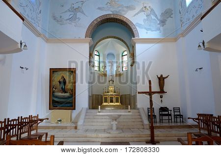 DEIR RAFAT ISRAEL - FEBRUAR 17 2017: Interior of the church in the monastery of Dir Rafatt also known as the Shrine of Our Lady Queen of Palestine and of the Holy Land