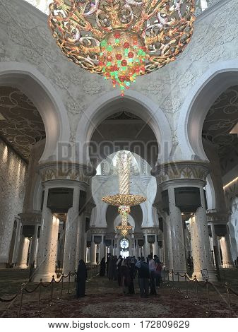 ABU DHABI, UAE-FEB 11, 2017: Sheikh Zayed Grand Mosque in Abu Dhabi, United Arab Emirates. It is the key place of worship and may be visited by more than 40,000 people during Eid.