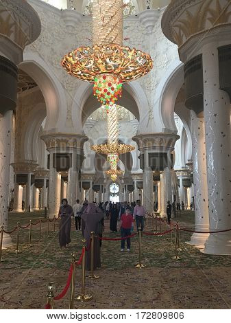 ABU DHABI, UAE-FEB 11, 2017: Sheikh Zayed Grand Mosque in Abu Dhabi, United Arab Emirates. It is the key place of worship and may be visited by more than 40,000 people during Eid.