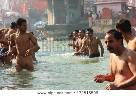 HARIDVAR, INDIA - JAN 14, 2009: During celebrations Makar Sankranti. Festival is celebrated in various parts of India to observe the day which marks the shift of the sun into ever-lengthening days.
