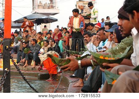 HARIDVAR, INDIA - JAN 14, 2009: During celebrations Makar Sankranti. Festival is celebrated in various parts of India to observe the day which marks the shift of the sun into ever-lengthening days.