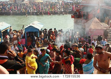 HARIDVAR, INDIA - JAN 14, 2009: During celebrations Makar Sankranti. Festival is celebrated in various parts of India to observe the day which marks the shift of the sun into ever-lengthening days.