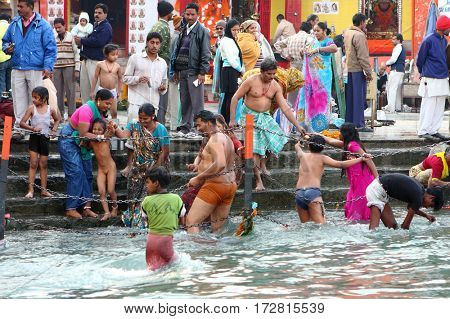 HARIDVAR, INDIA - JAN 14, 2009: During celebrations Makar Sankranti. Festival is celebrated in various parts of India to observe the day which marks the shift of the sun into ever-lengthening days.
