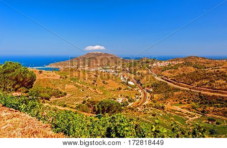 View of hills and Fort Saint-Elme in Collioure, Southern France
